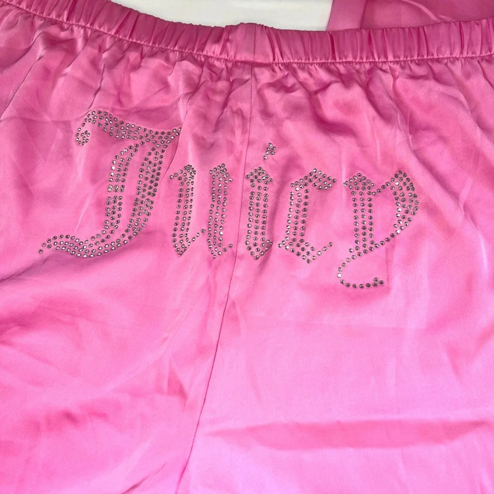 Juicy Couture Pink Satin Rhinestone Logo Pajama Pants Wide Leg Sleepwear Large